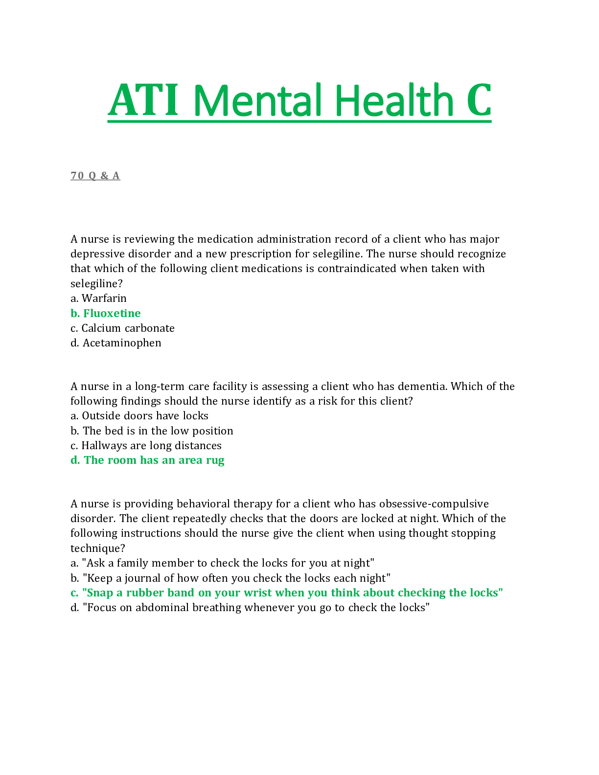 Preview image for ATI Mental Health C 70 Questions & Answers